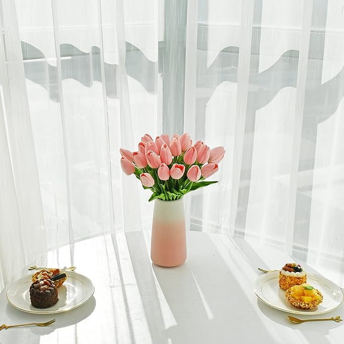 Mandy's Artificial Tulips 28 Stems Light Pink with Gradient Pink Vase PU Faux Flowers for Wedding Home Decor 13.5 Inch-Ruum Studio Home