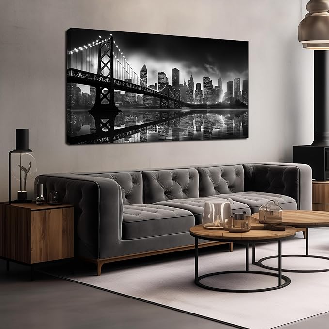 Brooklyn Bridge Canvas Wall Art for Bedroom Black and White City Wall Decor for Living Room Office Wall Art Decor 24 x 48 Inch-Ruum Studio Home