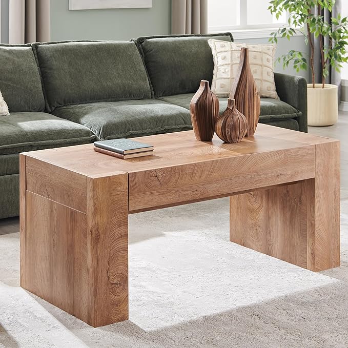 OKD 48" Modern Farmhouse Coffee Table, Wooden Living Room Table with Hidden Storage Drawer, Rustic Rectangular Center Tables w/Wood Thick Design for Living Room, Office, Light Knotty Wood-Ruum Studio Home