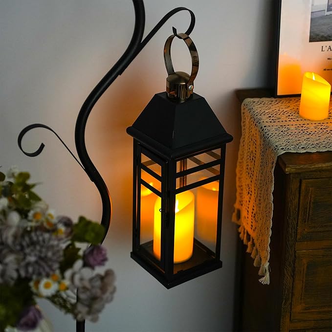 TRIROCKS Decorative Vintage Candle Lanterns 15.5" H Farmhouse Outdoor Hanging Lanterns with Tempered Glass for Porch, Balcony, Patio, Home, Centerpieces, Indoor, Outdoor(Black with Gold top)-Ruum Studio Home