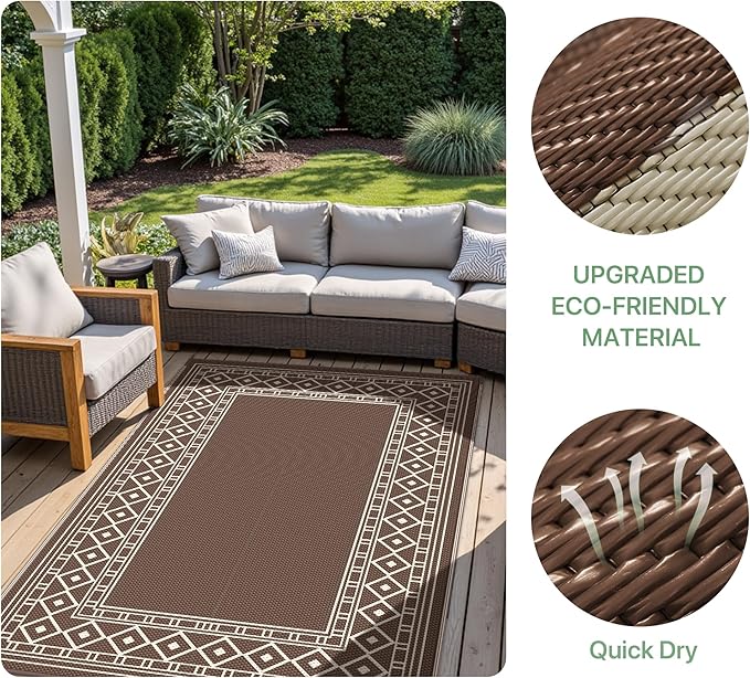 GENIMO Outdoor Rug Waterproof for Patio Decor, 6'x9' Foldable Reversible Plastic Straw Carpet for Travel Trailers, Outside Area Mat for Rv, Deck, Picnic, Porch, Camper, Balcony, Beach, Coffee & Beige-Ruum Studio Home