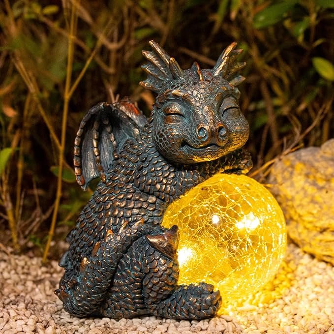 WONDER GARDEN Dragon Statue - Sleeping Dragon Figurines Solar Light Resin Garden Statues with Crackled Glass Globe Outdoor Waterproof Lawn Ornament Decor-Ruum Studio Home