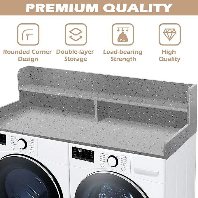 Royxen Laundry Countertop with 2-Tier Shelf Universal Fit, Washer and Dryer Countertop with Storage Space, Shelf Height 11.5 Inches, Solid Wood, Grey-Ruum Studio Home