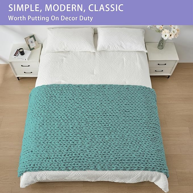Bigacogo Chunky Knit Throw Blanket for Couch, 40x80 inches, 100% Hand Knitted with Thick Jumbo Chenille Yarn, Cozy Soft Large Rope Knot Cable Crochet Blankets for Sofa Bed Living Room, Light Teal-Ruum Studio Home