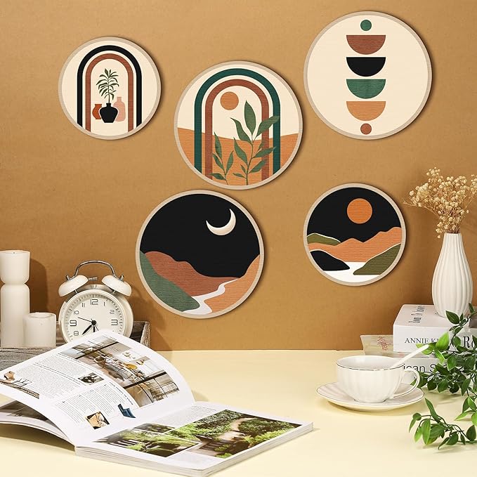 Qunclay 5 Pcs Wall Art Decor Wooden Living Room Wall Decor Bohemian Hanging Farmhouse Geometric 10'' and 8'' Aesthetic Wood Minimalist Posters for Bedroom(Sunset)-Ruum Studio Home
