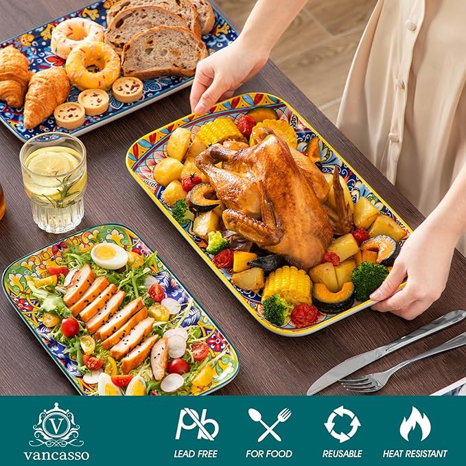 vancasso Serving Platters Set of 3, 16"/14"/12" Inch Rectangular Trays - Serving Platter Extra Large, Bohemian Ceramic Serving Dish for Entertaining Food, Microwave & Dishwasher Safe, Vintage-Ruum Studio Home