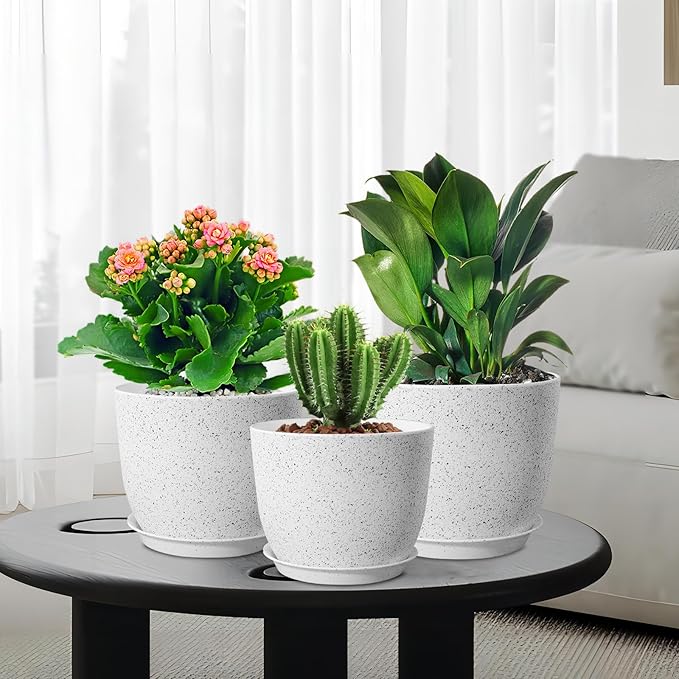 10/9/8 inch Medium Plant Pots, Set of 3 Modern Decorative Plastic Planters with Drainage Holes and Saucers for Garden House Plants, Flower Pots for Indoor Outdoor Plants, Speckled White-Ruum Studio Home