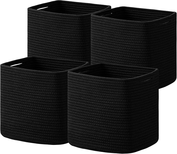 joybest Cube Storage Bins Set of 4, 13inch Cube Baskets Organizer for Nursery, Square Cotton Rope Baskets for Shelves Organizing, Kids Toy, Closet Storage, Black-Ruum Studio Home