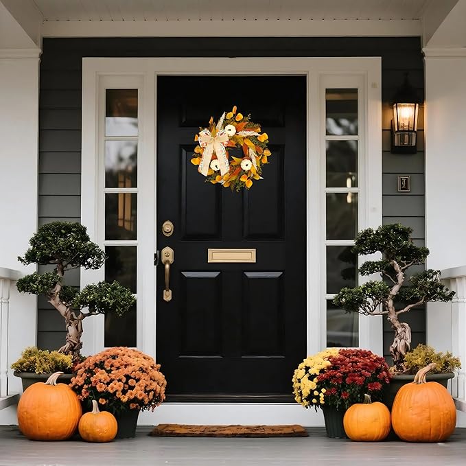 CYANBLOOM Fall Wreaths for Front Door: Rustic 20-22 Inch Bow Wreath with Golden Eucalyptus, White Pumpkins & Wheat - Lovely Warm Vibes Outdoor Indoor Farmhouse Decor for Halloween Thanksgiving Autumn-Ruum Studio Home