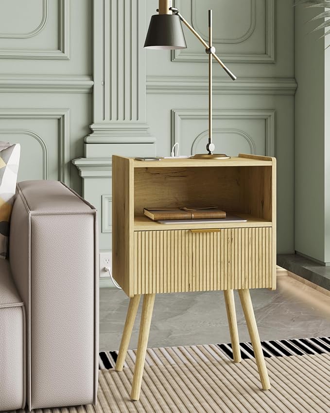 Nightstand,Modern Bedside Table with Storage Drawer and Open Wood Shelf, Accent Night Stand with Solid Wood Legs for Living Room, Bedroom and Small Spaces,Easy Assembly (Yellow Oak-Outlet)-Ruum Studio Home