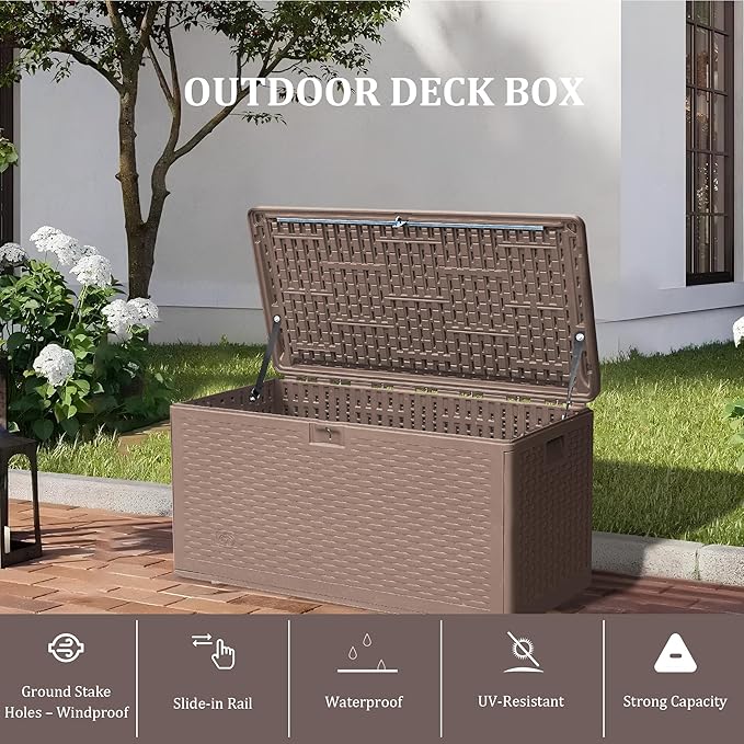 73 Gallon Pro Outdoor Storage Box Waterproof Lockable Resin Deck Box Large, Patio Storage Bin for Pool Accessories Cushion Furniture, Garden Tools, UV-Resistant Outside Delivery Brown-Ruum Studio Home
