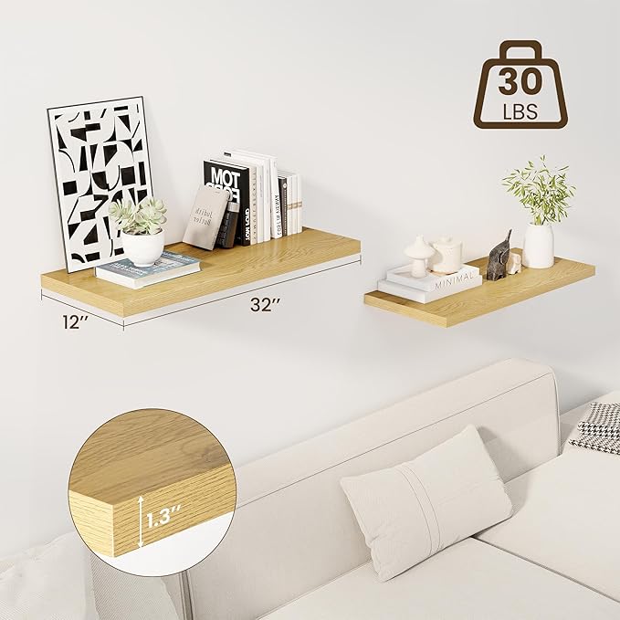 32" Floating Shelves for Wall, 12" Deep Slim Oak Floating Shelves, Wall-Mounted Shelves for Bedroom, Living Room, Kitchen, Bathroom - Set of 2-Ruum Studio Home