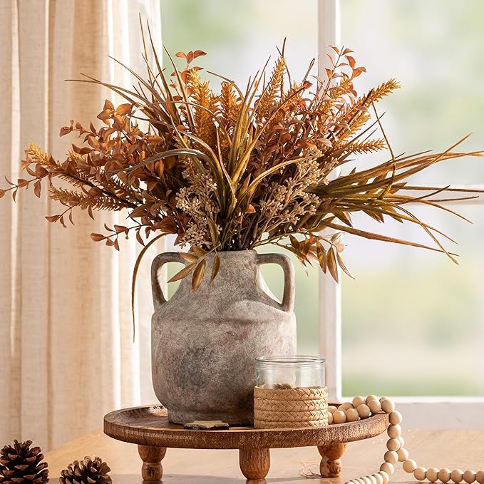 Mitt&Ditt Ceramic Flower Vase with Handles, 8 inch Tall Off-White Vase, Decorative Terracotta Vases, Farmhouse Rustic Pottery Vases for Home Decor, Living Room, Table-Ruum Studio Home