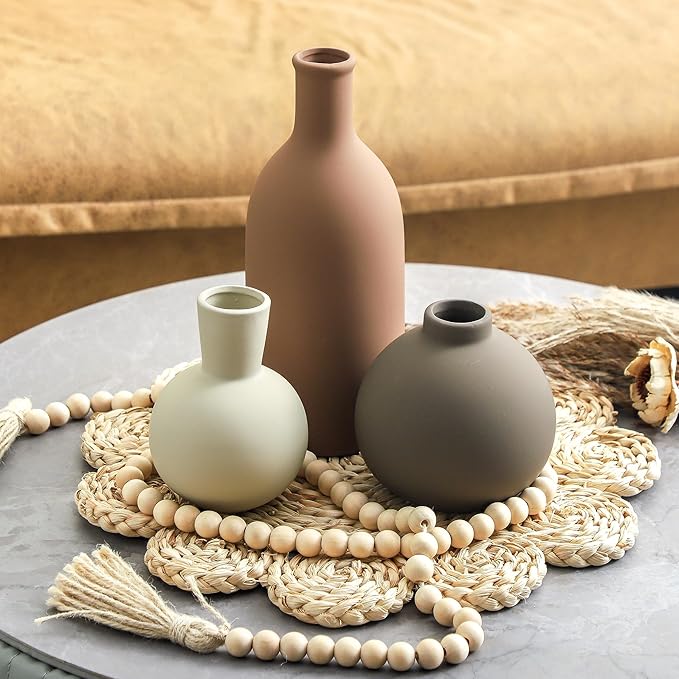 Vase Set of 3 | Ceramic Neutral Vases Home Decor | Rustic Flower Pottery Vases Modern Farmhouse Vase for Table Entryway Mantel Centerpiece Bookshelf Living Room Bathroom Bedroom -Brown Large-Ruum Studio Home