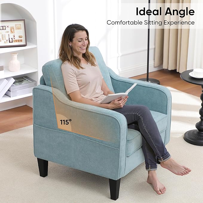 Accent Chair for Living Room, Mid Century Modern Reading Chair for Bedroom, Upholstered Armchair with Side Pockets, Comfy Single Sofa Side Chair for Office, Apartment, Small Room, Teal Green-Ruum Studio Home