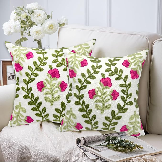 Alysheer Floral Embroidered Summer Decorative Throw Pillow Covers 20"x 20" Set of 2, Farmhouse Cottage Hot Pink Flowers Green Leaves Knit Pattern Cotton Canvas Cushion Case for Couch Bed Living Room-Ruum Studio Home