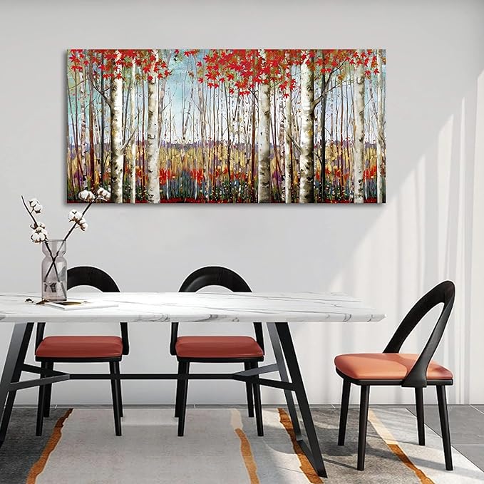 Canvas Wall Art for Living Room Bedroom Modern Wall Decor of Red Leaves White Birch Tree Forest Giclee Print Painting Artwork Wall Decoration 24x48 Large Size with Wood Framed Easy to Hang for Home-Ruum Studio Home