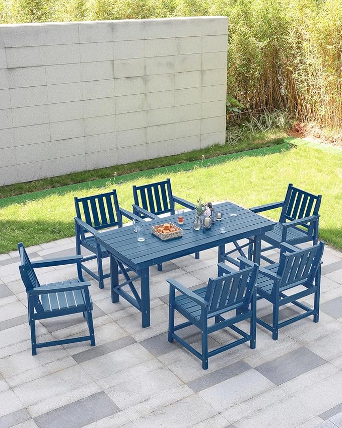 HDPE Outdoor Dining Table, 66.9” Rectangle Patio Dining Table for 6, All-Weather HDPE Outdoor Table with 2.2” Umbrella Hole, HDPE Patio Furniture for Deck, Backyard, Garden, Pool, Navy-Ruum Studio Home