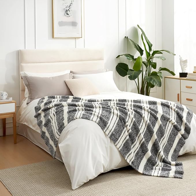 Snuggle Sac Queen Size Bed Blanket Stripe Black, Super Soft Warm Bedding Blankets Cozy Knit Fuzzy Plush Blankets for Bed, Living Room, Stripe Black, Queen 90"x90"-Ruum Studio Home