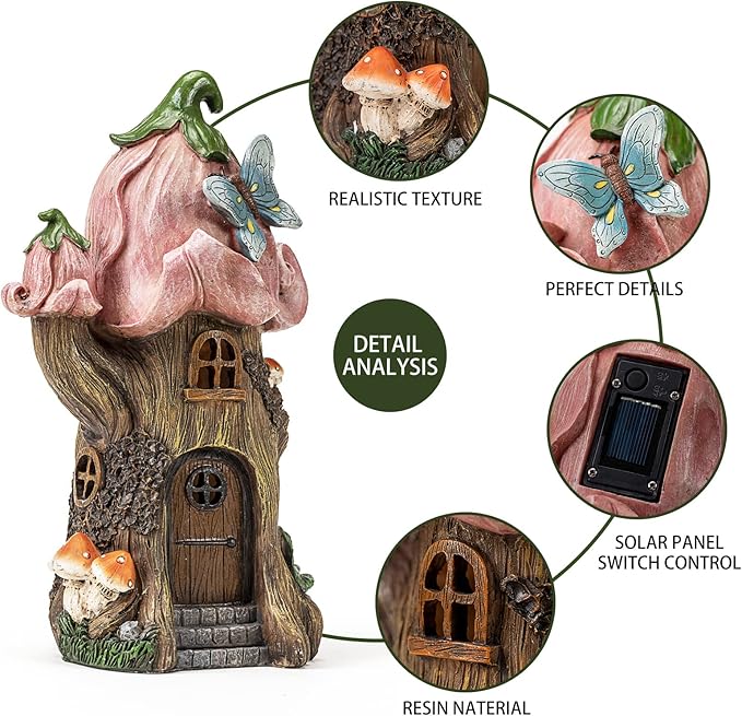 Fairy Garden Accessories Outdoor Statues, Mushroom House Decor,Large Gnome Solar Powered Lights Sculptures,Pink Resin Figurine Butterfly Figurines Lawn Ornaments for Patio Yard Decorations 11Inch-Ruum Studio Home