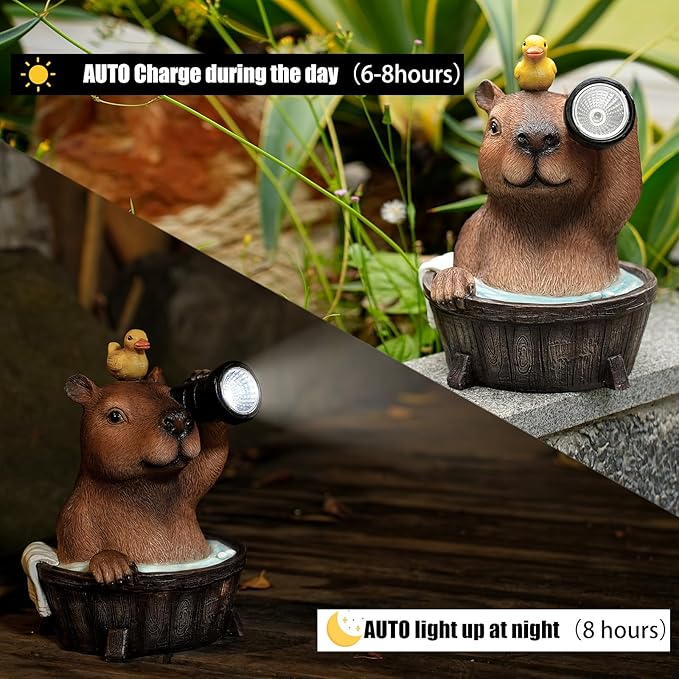 Capybara Solar Garden Statue – Funny Outdoor Resin Animal Decor with Flashlight & Duck – Waterproof Yard Lawn Ornament with LED Light – Solar Powered Figurine for Patio, Porch, Landscape-Ruum Studio Home
