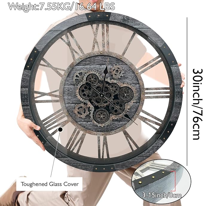 DORBOKER 30" Large Wall Clock Moving Gears,Oversized Industrial Rustic Farmhouse Clocks for Living Room Decor Office Home, Solid Wood Retro Metal HD Tempered Glass Cover,Carbon Grey-Ruum Studio Home