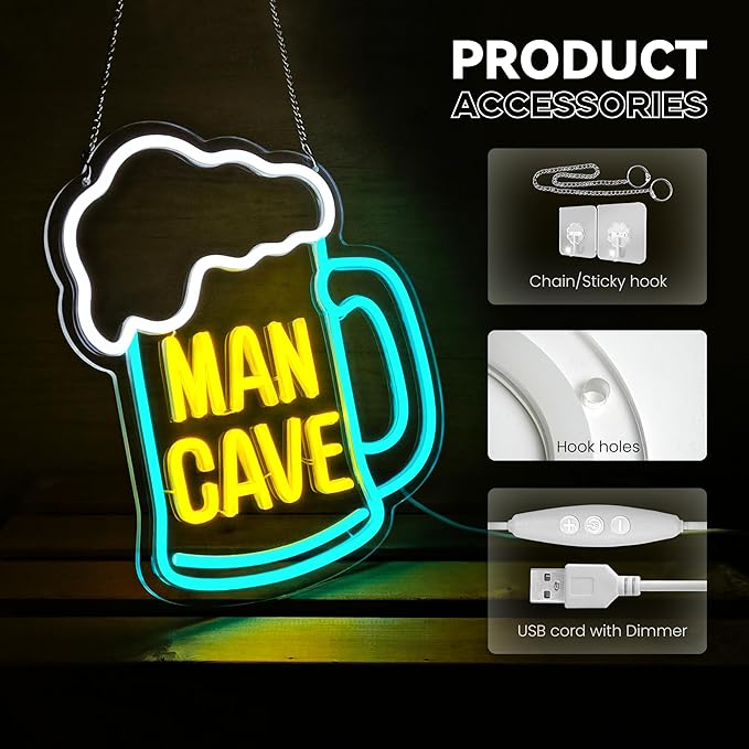 Man Cave Neon Sign, Beer Neon Signs for Wall Decor, Dimmable Acrylic Neon Lights for Man Cave Gamer Room Bedroom Bar Pub Party Decorations-Ruum Studio Home
