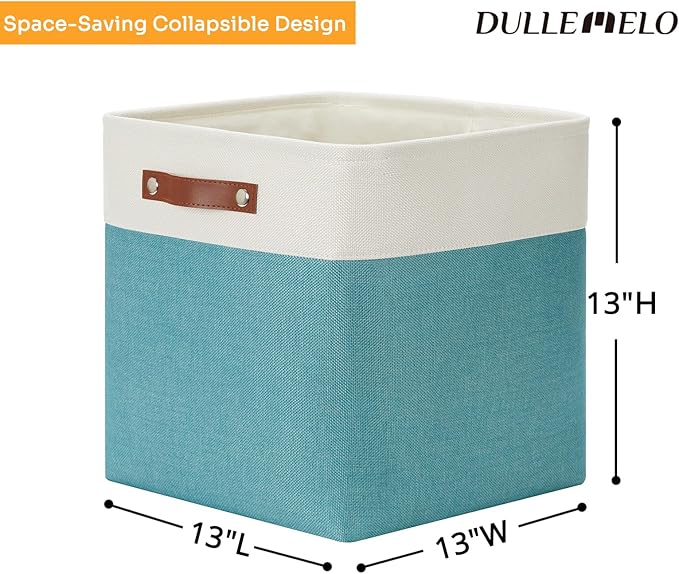 DULLEMELO Storage Bins for Organizing,Closet Storage Baskets for Gift Empty,Large Linen Canvas Storage Bins with Handles for Home Office Toys Shelves(White&Teal, 13 inch Cube)-Ruum Studio Home