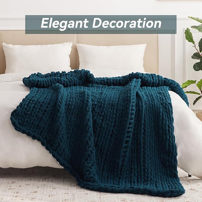 Chunky Knit Throw Blanket, 60''*80'' Knitted Throw Chenille Yarn for Bed Couch, Handmade Peacock Blue Crochet Big Thick Blanket, Machine Washable Cute Comfy Blanket for Home Decor-Ruum Studio Home