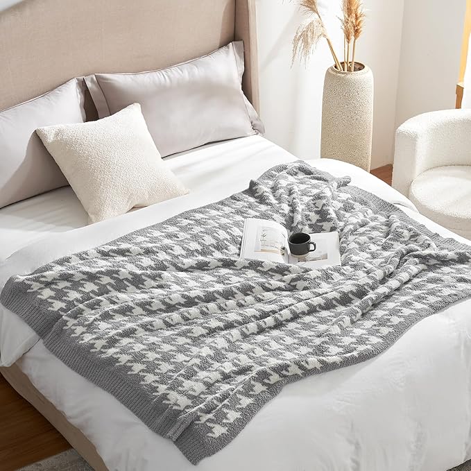 Snuggle Sac Houndstooth Throw Blanket for Couch, Reversible Super Soft Warm Blankets Cozy Knit Fuzzy Plush Lightweight Throws for Sofa, Bed, Camping, Grey,50x60 inches-Ruum Studio Home