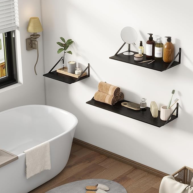 Deep Floating Shelves, 12 Inch Deep Floating Shelves for Wall, 24"W x 12"D Wall Shelves for Books, Rustic Black Wooden Shelves, Large Wide Display Shelf for Bathroom, Living Room, Bedroom, Set of 2-Ruum Studio Home