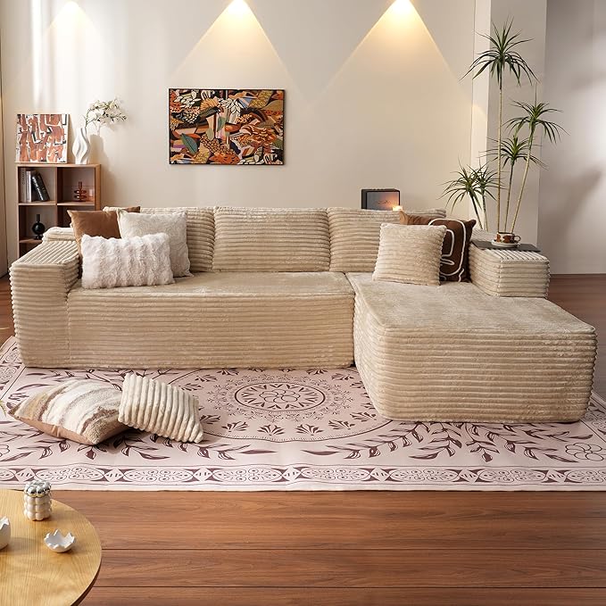ovios 104" Cloud Sectional Couch with L-Shape Chaise,Modern Modular Sofa with Deep Seat, Upholstered Couches for Living Room Bedroom,No Assembly Required, Beige (Plush Corduroy Fabric)-Ruum Studio Home