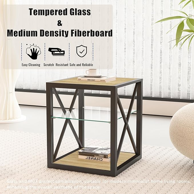 Farmhouse End Table, Modern Side Table with 3-Tier Storage Shelf, Square Rustic Nightstand, Accent Tea Table, for Bedroom Office Living Room, Brown, Natural Wood, Glass, Metal-Ruum Studio Home
