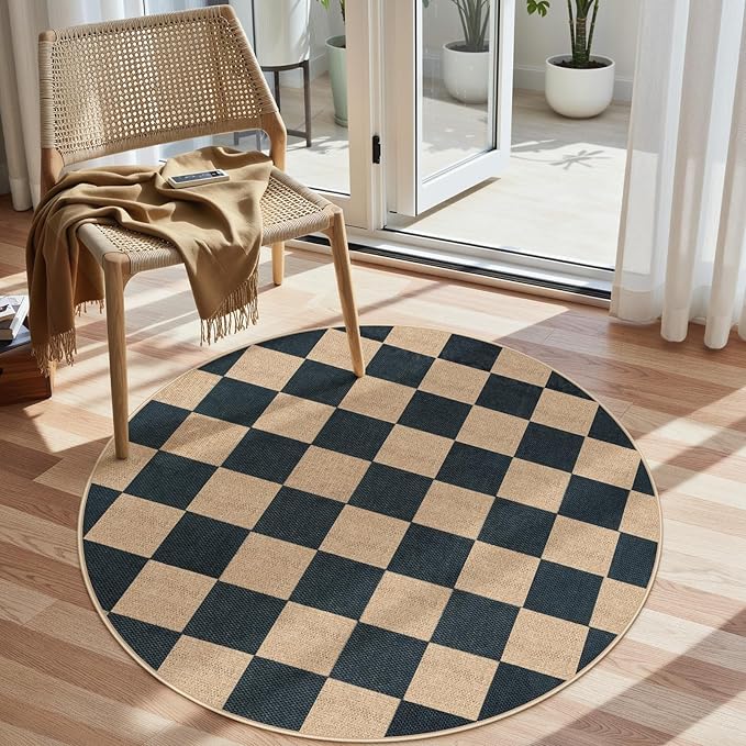 Lahome Checkered 4 ft Easy Jute Round Rug, Washable Small Rugs for Entryway Patio, Farmhouse Non Slip Non Shedding Indoor Outdoor Circle Carpet for Kitchen Porch-Ruum Studio Home
