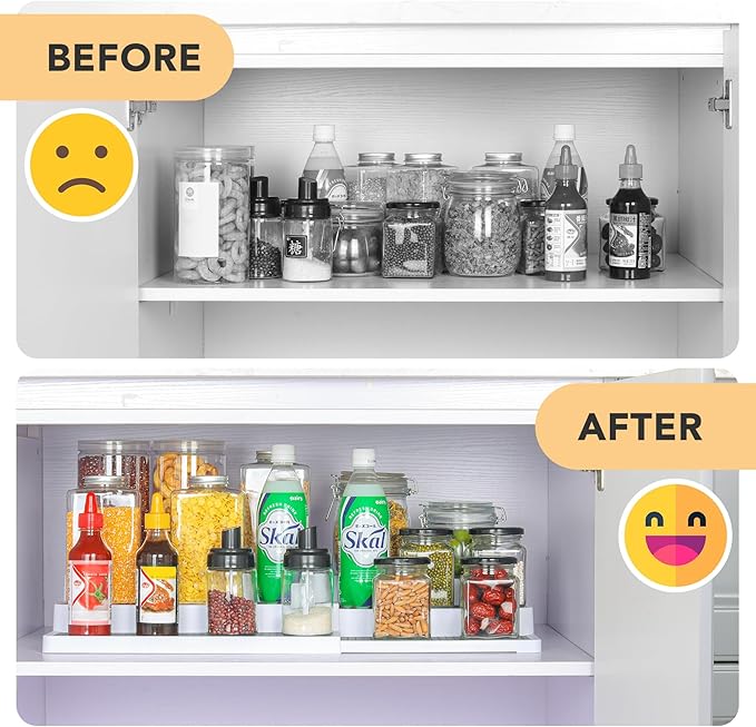 3 Tier Expandable Spice Rack Organizer, Plastic Spice Rack, Adjustable Length 14.6In-25.8In, Non-Skid Tiered Spice Shelf Organizer for Kitchen Cabinet, Cupboard, Pantry, White/Grey-Ruum Studio Home