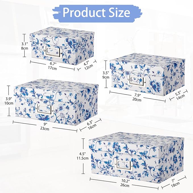 Briful Decorative Photo Storage Boxes with Lids, Set of 4 – Blue and White Porcelain Pattern, Nested Card Storage Box Organizer, Decorative Paperboard Box for Closet, Office, Gifts,Cosmetic,Books-Ruum Studio Home