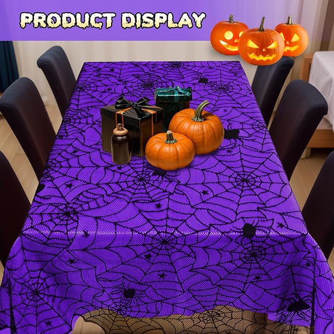 2Pcs Halloween Tablecloths, Black Lace & Purple Lined Rectangular Table Cloth, Spider Web Table Cover for Scary Halloween Decorations Indoor, 54 x 72 Inch-Ruum Studio Home