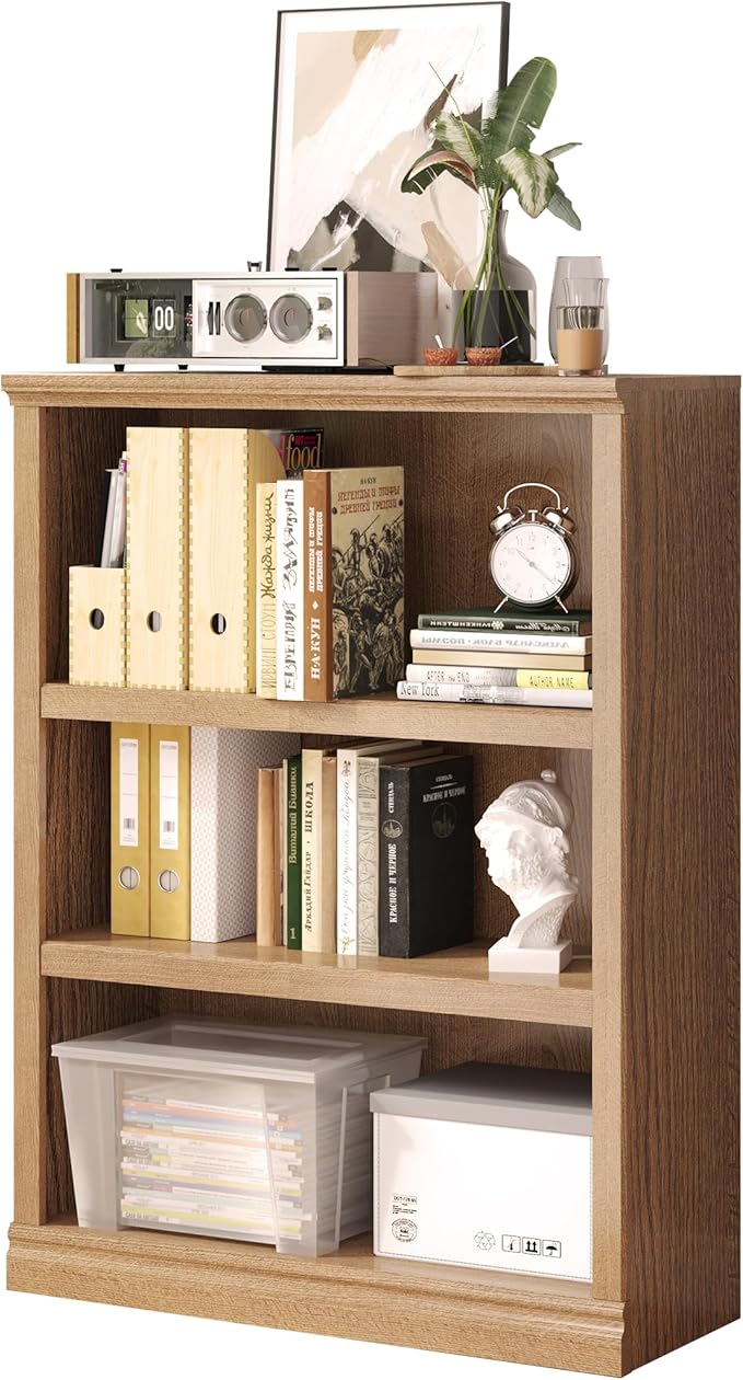 43 in Tall Bookcase, 3-Tier Bookshelf Open Storage, 33 inch Wide Floor Standing Indoor Furniture, Book Cases for Home School Library Office Bedroom Kids, Oak 3 Tiers-Ruum Studio Home