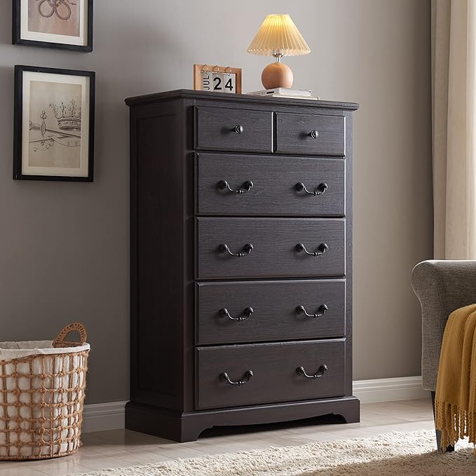 T4TREAM 6 Drawers Dresser Chests for Bedroom, 48" Tall Rustic Chset of Drawers, Wood Dressers Organizer for Bedroom, Living Room,Hallway, Espresso-Ruum Studio Home