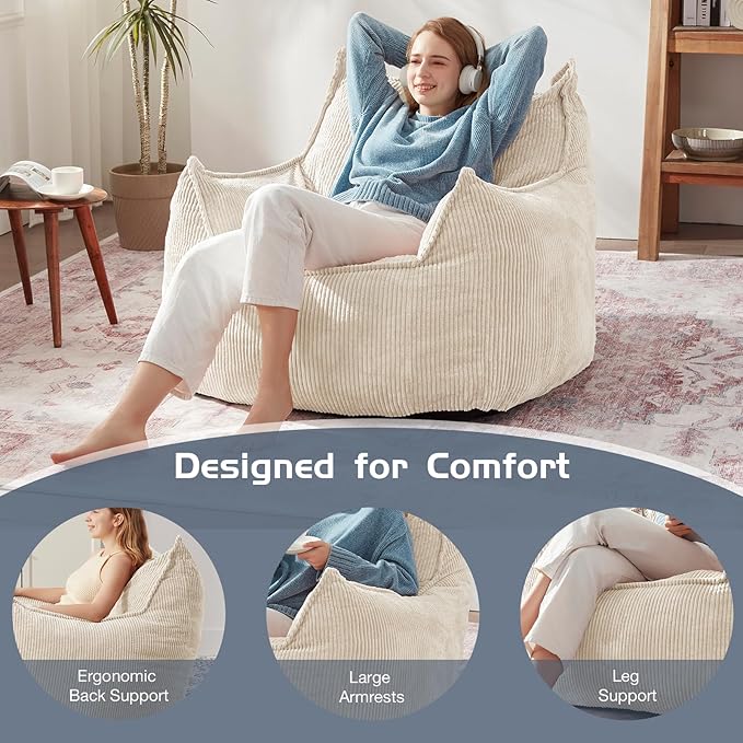 Giant Bean Bag Chair Sofa for Adults Teens, Comfy Corduroy Large Bean Bag Chairs with Armrests for Bedroom Living Room, Adult BeanBag Lazy Sofa Couch Chairs with Filler Included-Ruum Studio Home