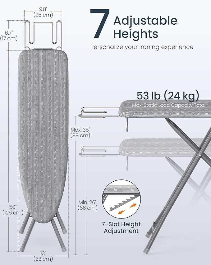 SONGMICS Ironing Board, Foldable Iron Board, Height Adjustable up to 35 Inches, with 4 Layered Cover and Pad, Iron Rest, Hook, Steel X-Legs, for Home, Laundry Room, Dorm, Dove Gray ULLB001G01-Ruum Studio Home