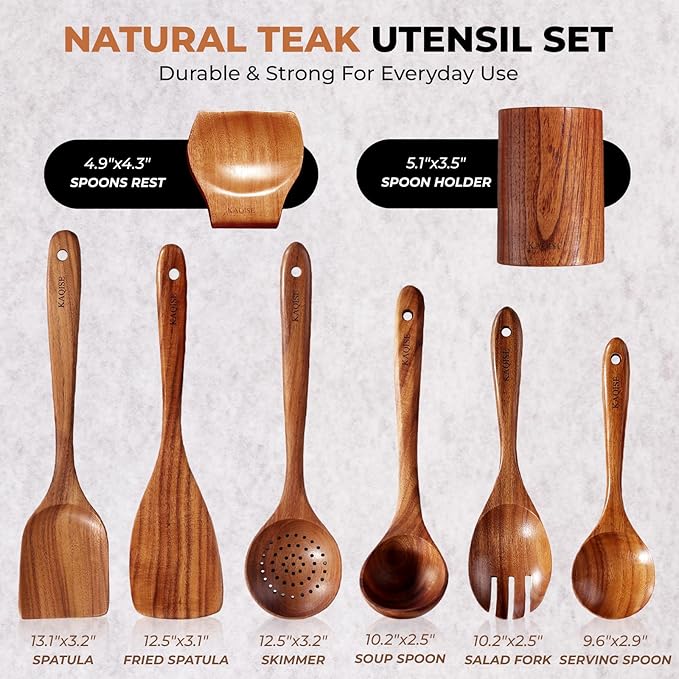 Wooden Spoons for Cooking, Kitchen Utensils Set, Wood Spatulas Soup Ladle Serving Spoons Teak Wooden Utensil Set（8 Pieces ）