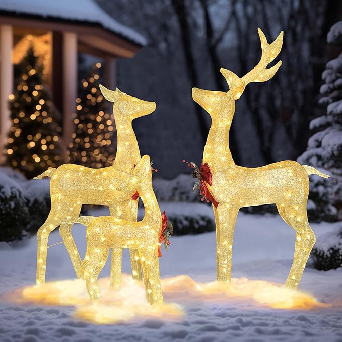 4.5FT Lighted Reindeer Family Set for Christmas Decoration, 3 Pieces Pre-Lit Iridescent Deer with 200 LED Lights, 3D Glittered Standing Holiday Display for Outdoor, Indoor, Golden-Ruum Studio Home