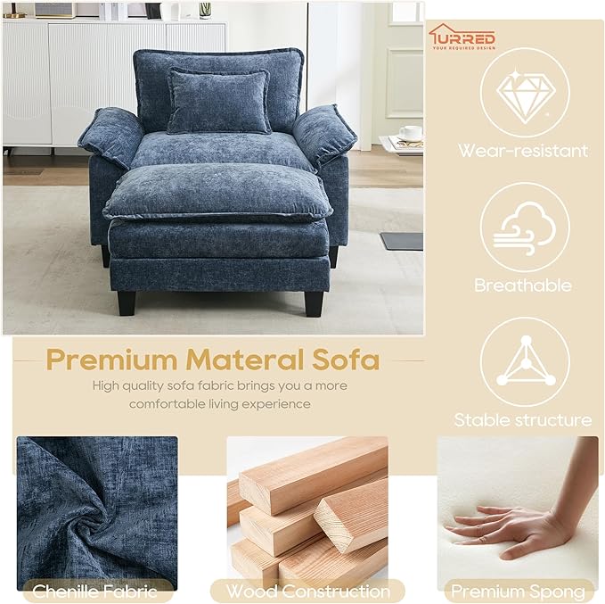 URRED Modular Sectional Sofa Comfy Cloud Couch, Modern Chenille Sofa Sleeper Deep Seat Couches with Ottoman/Pillows for Living Room (Blue, 53''- Ottoman)-Ruum Studio Home
