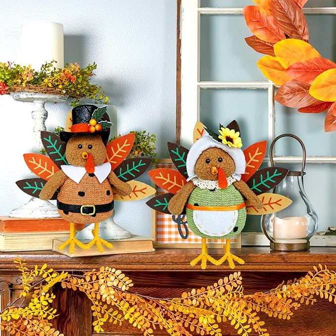 CRCZK Thanksgiving Turkey Decoration Fall Harvest Tabletop Decor Standing turkey with Dangling Legs, 2 Pack Plush Stuffed Turkeys Shelf Figurine Gift for Autumn Fall Harvest Halloween Home Decorations-Ruum Studio Home