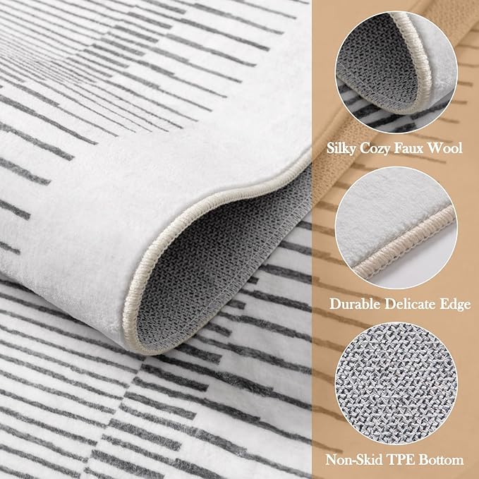 Wonnitar Washable Striped 8x10 Rugs for Living Room, Non-Slip Soft Grey Berber Stripe Bedroom Rug, Low Pile Minimalist Floor Carpet for Dining Room Living Room Office Department (Grey, 8' x 10')-Ruum Studio Home