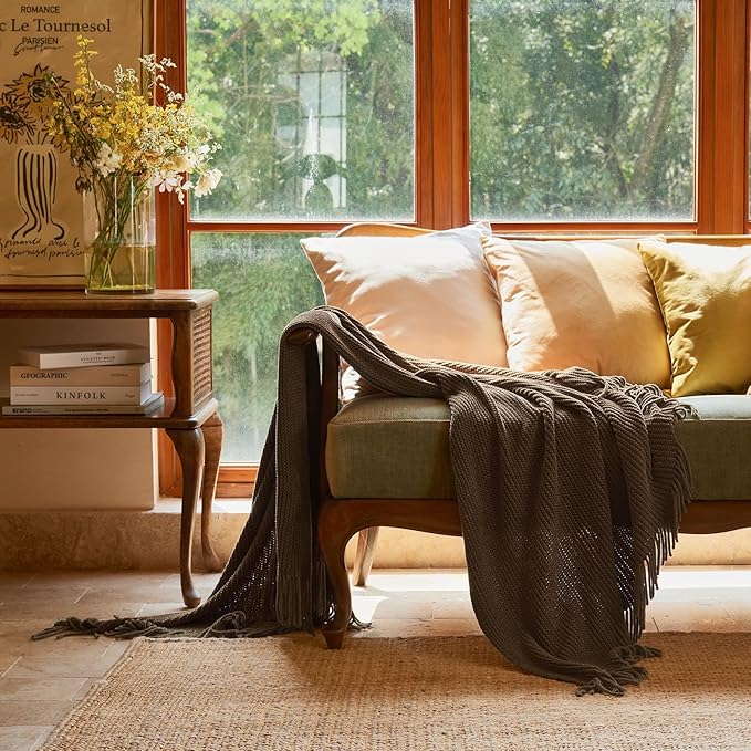 lifein Throw Blanket for Couch, Soft Boho Decor Bed Throw,Cozy Brown Knitted Chenille Small Farmhouse Lightweight Throw for Spring(Brown,50 * 60")-Ruum Studio Home