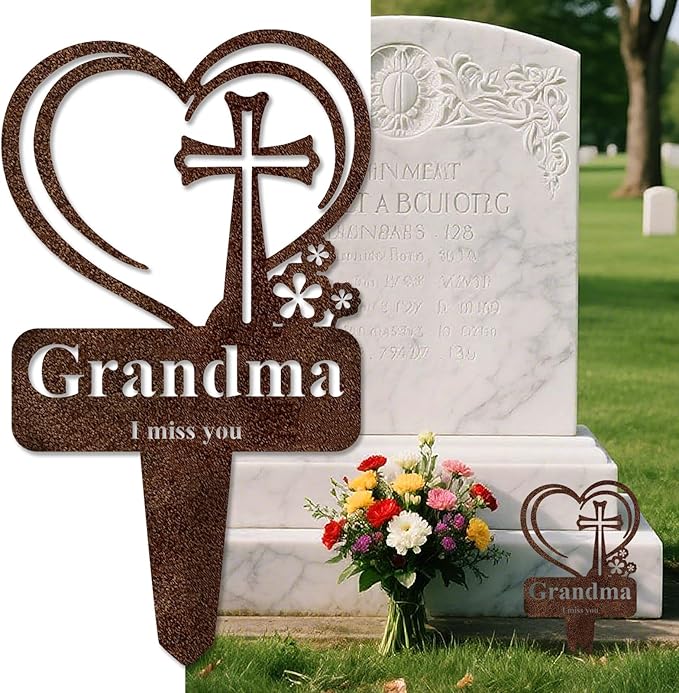 Grandma Memorial Grave Stake, Cemetery Decorations for Grave Markers 12.5 x 7.2 inch Heart Metal Sympathy Stakes Graveside Plaque Decor Sign for Grandma Graves, Yard, Garden - Rust-Grandma-Ruum Studio Home