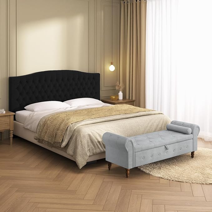 Storage Ottoman Bench for Bedroom, 63" End of Bed Bench with Rolled Arms Upholstered Ottoman Bench Fit for Bedroom, Living Room, Entryway, Velvet Light Gray-Ruum Studio Home