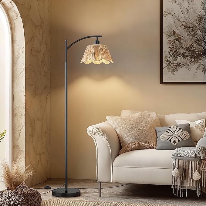 Oneach Arc Floor Lamp for Living Room with 3 Color Temperatures, Rattan Boho Floor Lamp with Hand-Woven Wicker Shade,Farmhouse Floor Lamps with Remote & Dimmable Bulb, Suitable for Bedroom（Black）-Ruum Studio Home